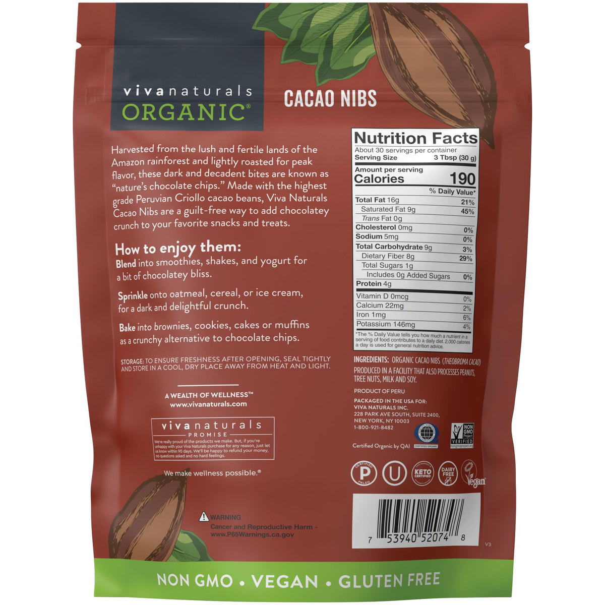 Viva Naturals Peruvian-origin cacao nibs in a rustic setting