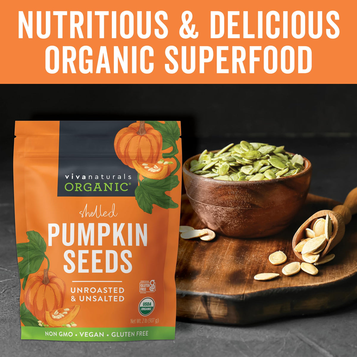 Viva Naturals pumpkin seeds in a bowl, perfect salad topping and crunch.