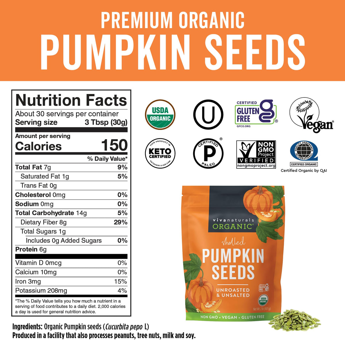Viva Naturals pumpkin seeds as an iron source for balanced plant-based nutrition.