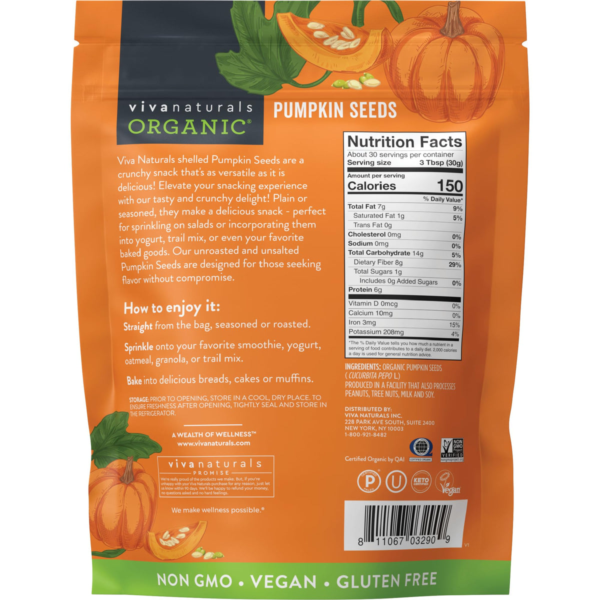 Viva Naturals 2 lb pumpkin seeds packaging, convenient pantry staple.