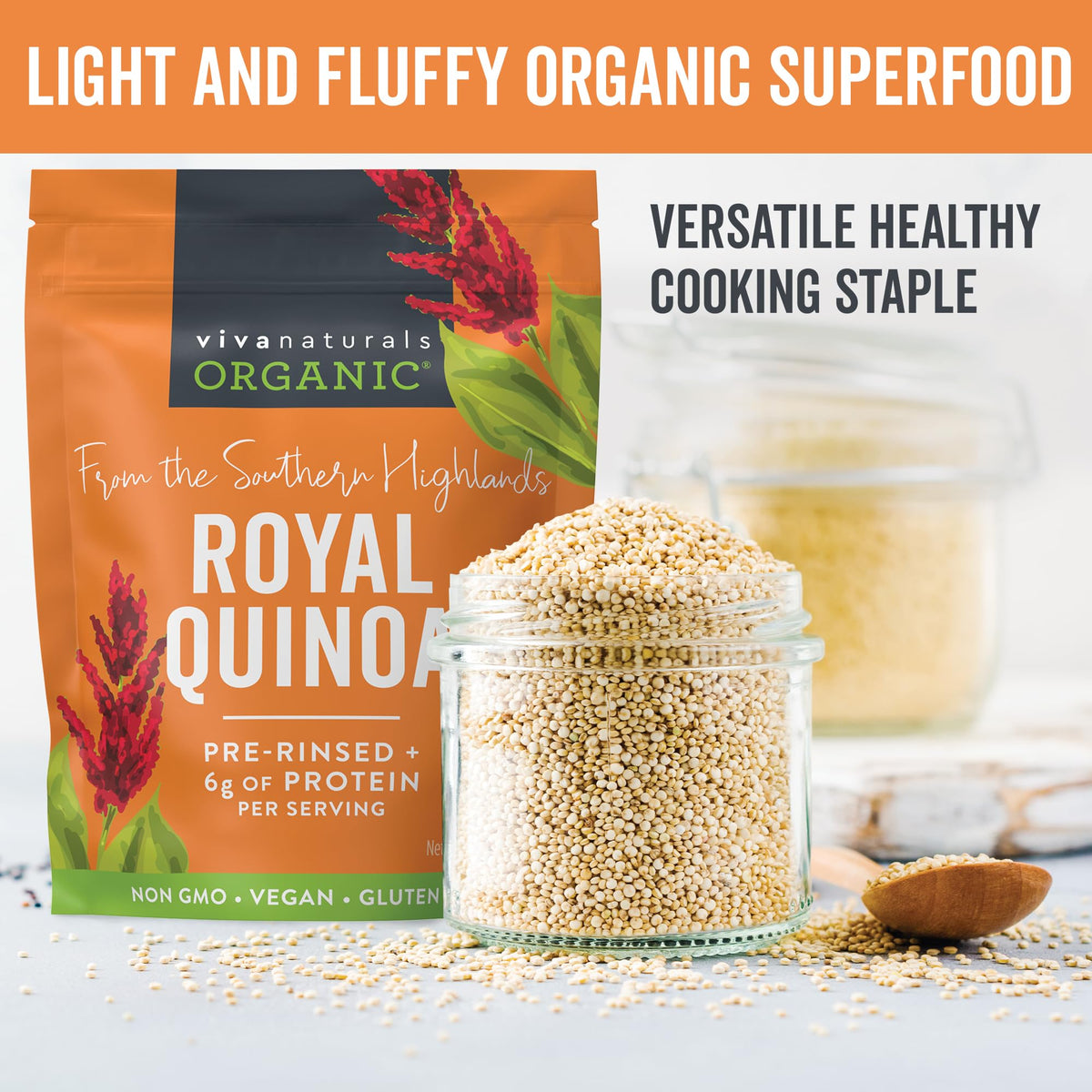 Viva Naturals quinoa cooked in a bowl, ideal for salads and bowls.