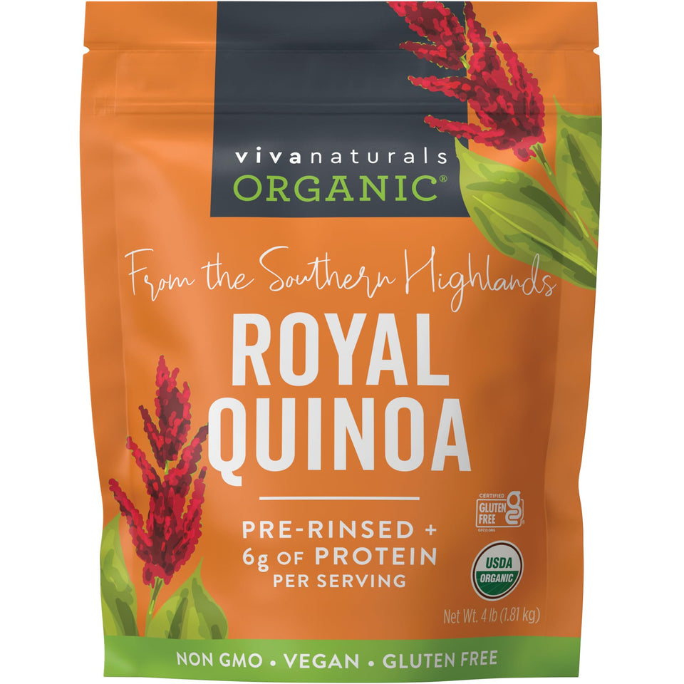 Viva Naturals quinoa pack close-up, premium organic grains for versatile meals.