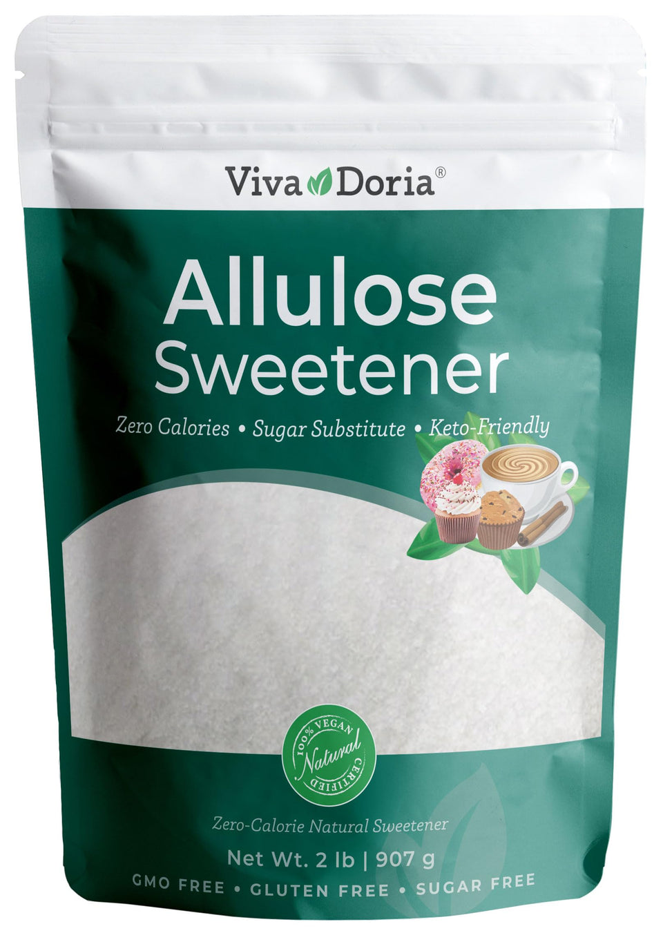Viva Doria Allulose Sweetener bottle pour shows zero calorie sweetness for coffee and tea.