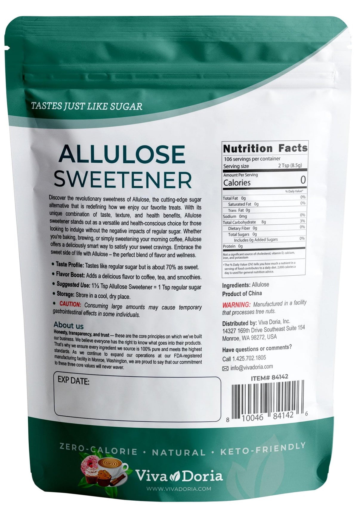 Viva Doria Allulose Sweetener packaging highlights the 2 lb size for baking and cooking.