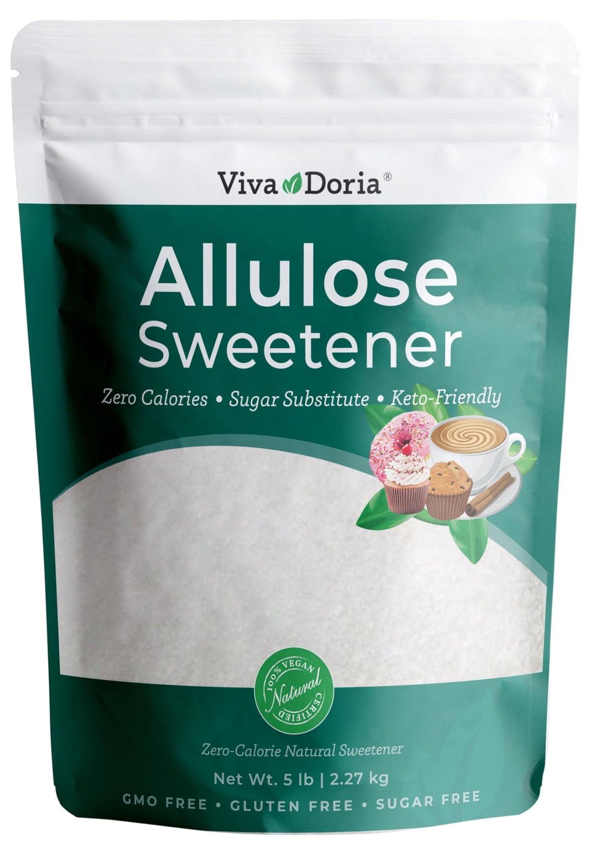 Viva Doria Allulose Sweetener bottle pour shows zero-calorie sugar substitute for beverages