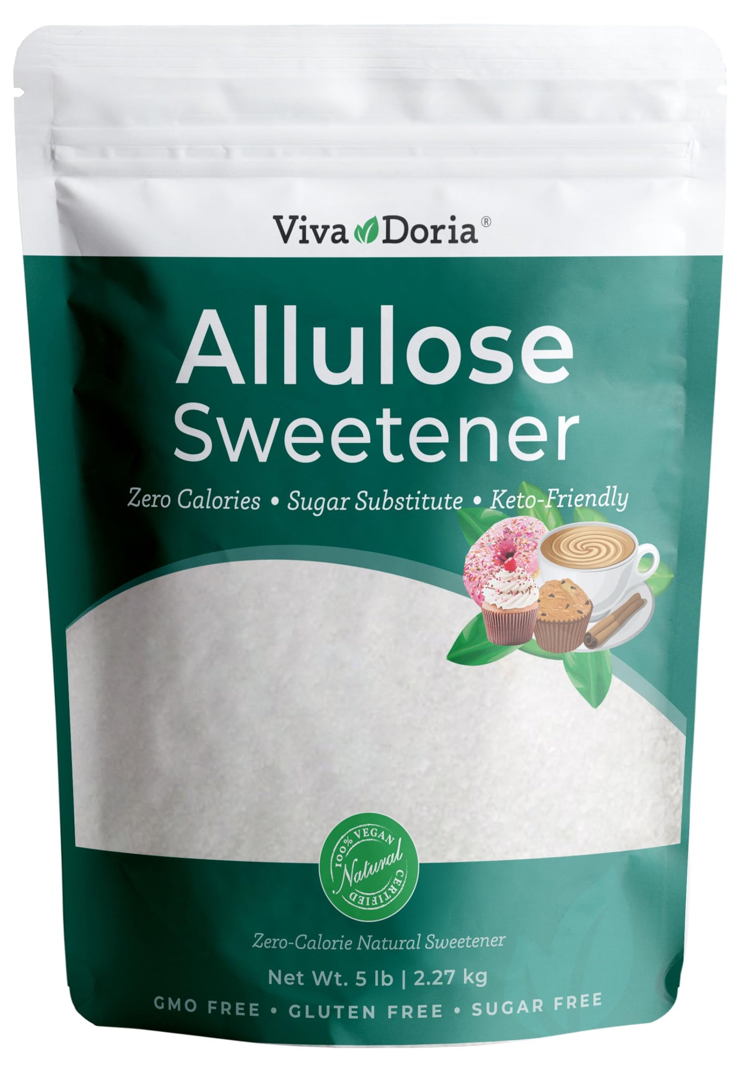 Viva Doria Allulose Sweetener bottle pour shows zero-calorie sugar substitute for beverages