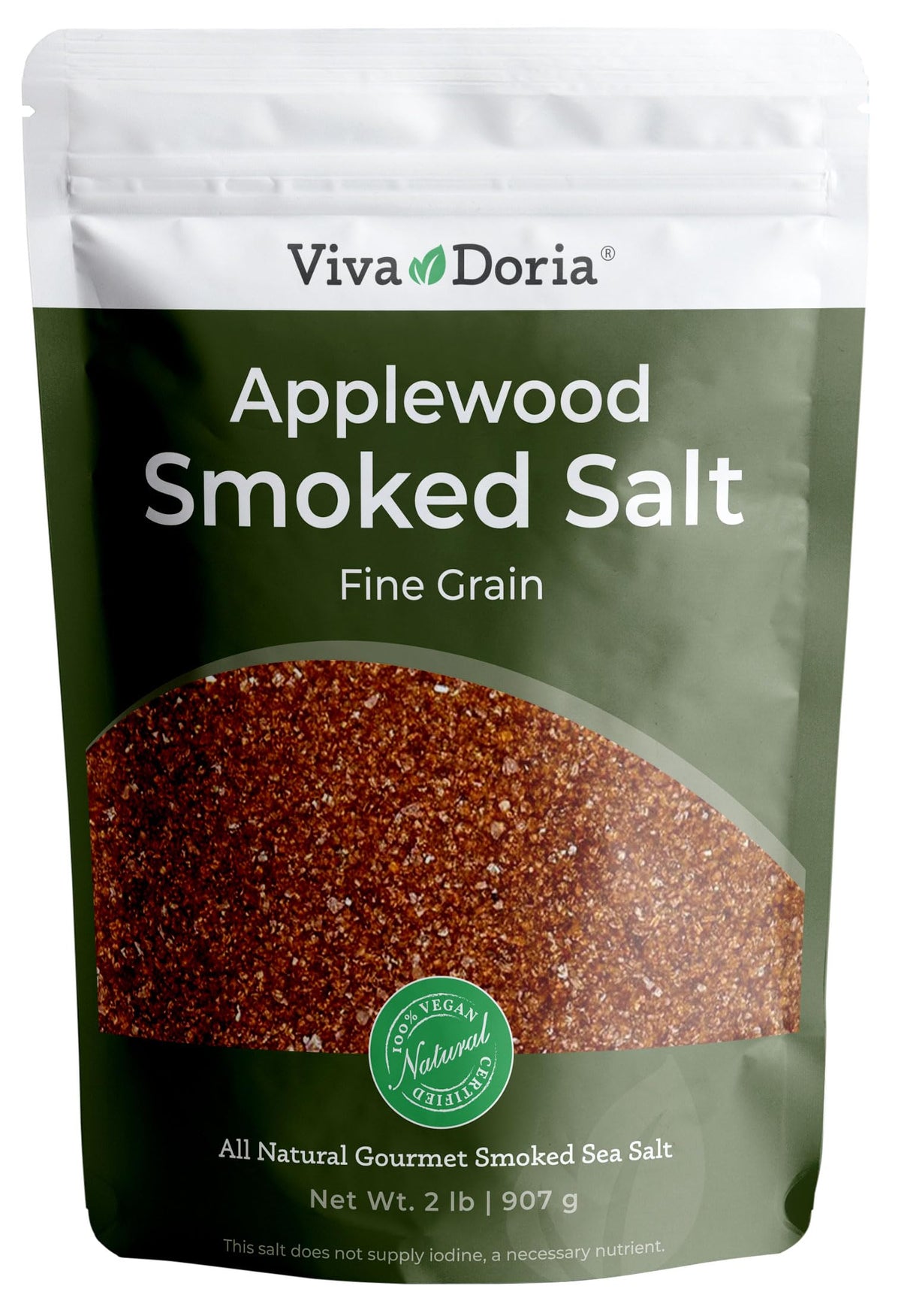 Viva Doria Applewood smoked sea salt in a standup pouch for enhanced grilling.