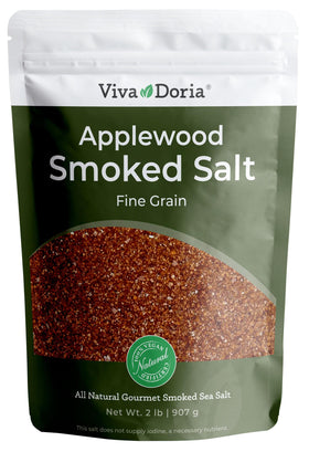 Viva Doria Applewood smoked sea salt in a standup pouch for enhanced grilling.
