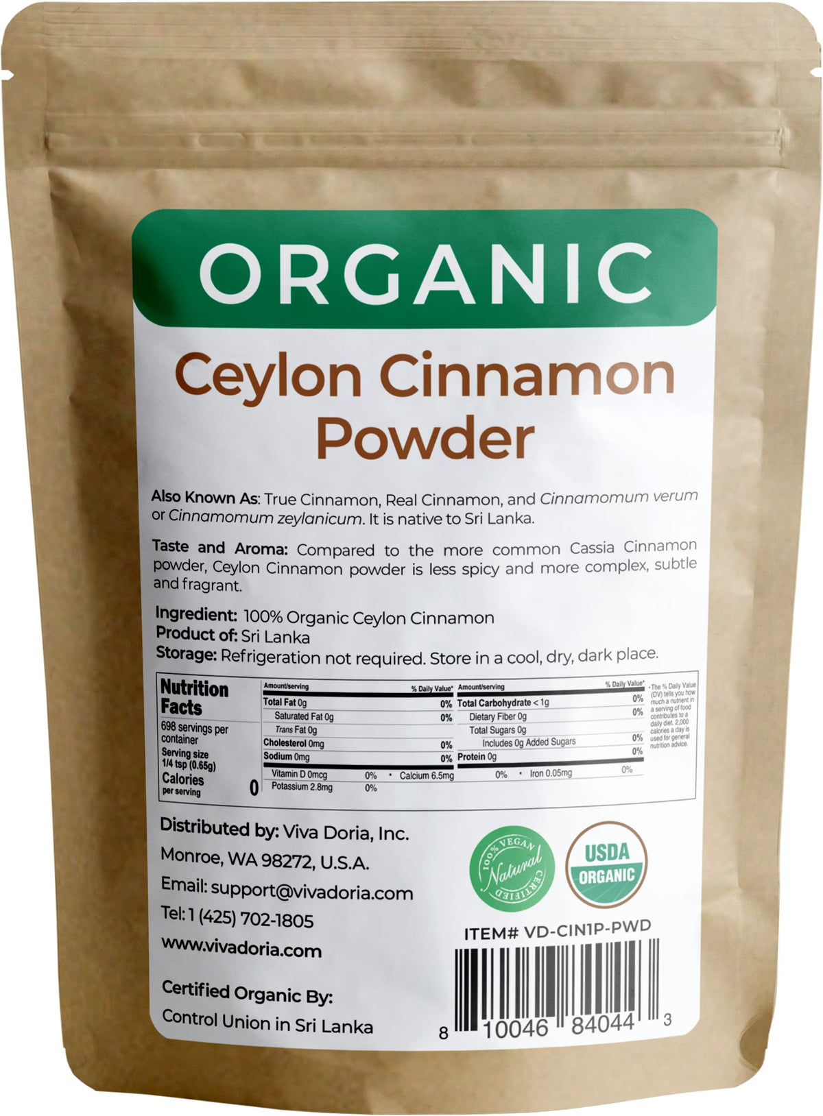 Viva Doria Ceylon Cinnamon powder in a resealable bag for easy, flavorful cooking.