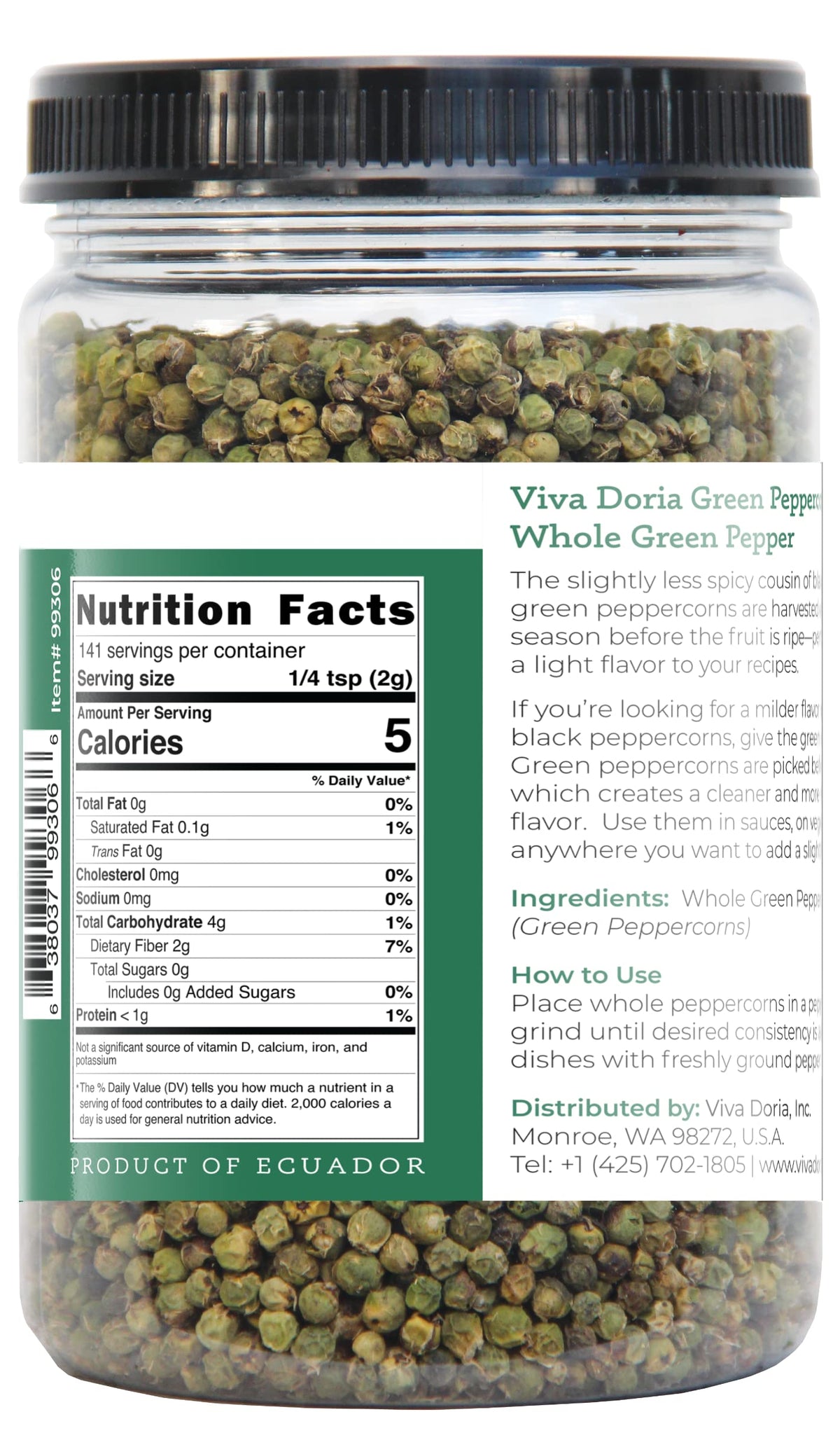 Closeup of Viva Doria green peppercorns, ready for grinder refills and culinary versatility.
