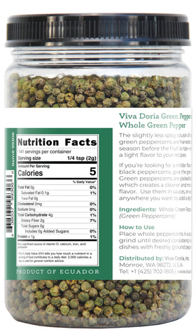 Closeup of Viva Doria green peppercorns, ready for grinder refills and culinary versatility.
