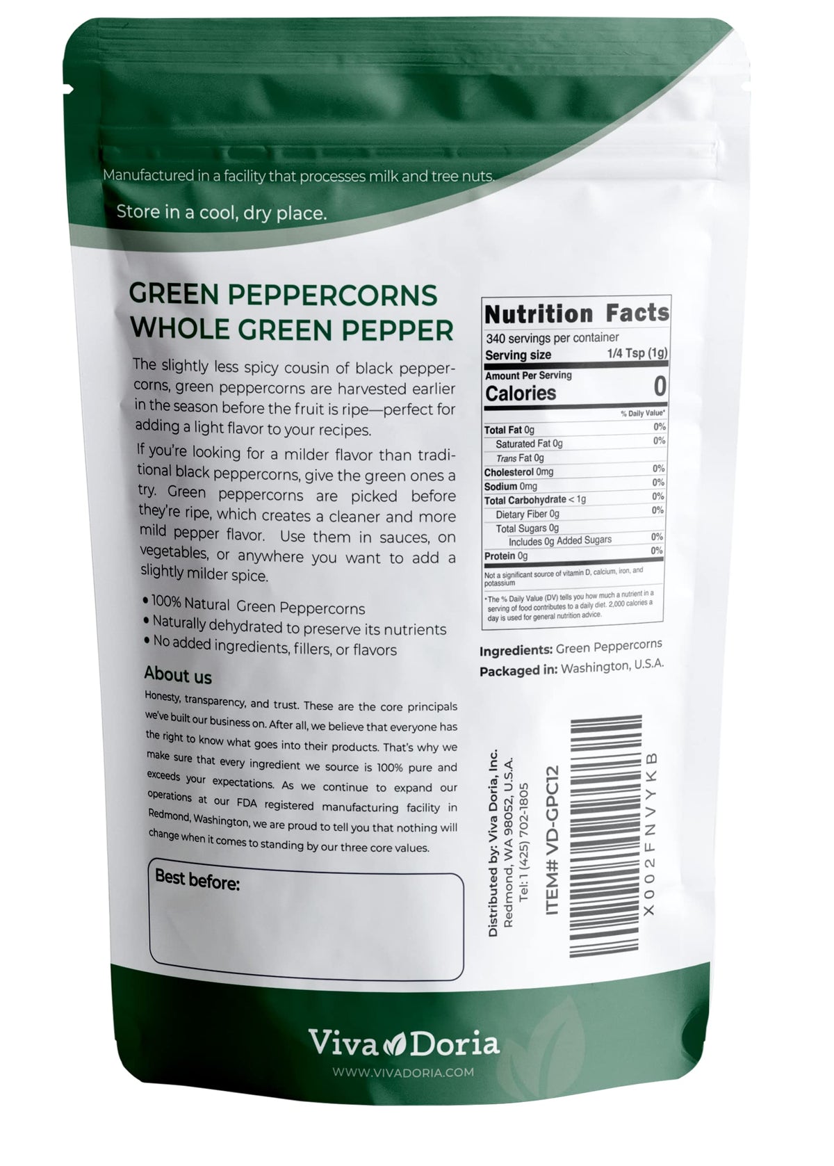 Viva Doria green peppercorns in resealable pouch, convenient storage for kitchen use and flavor retention.