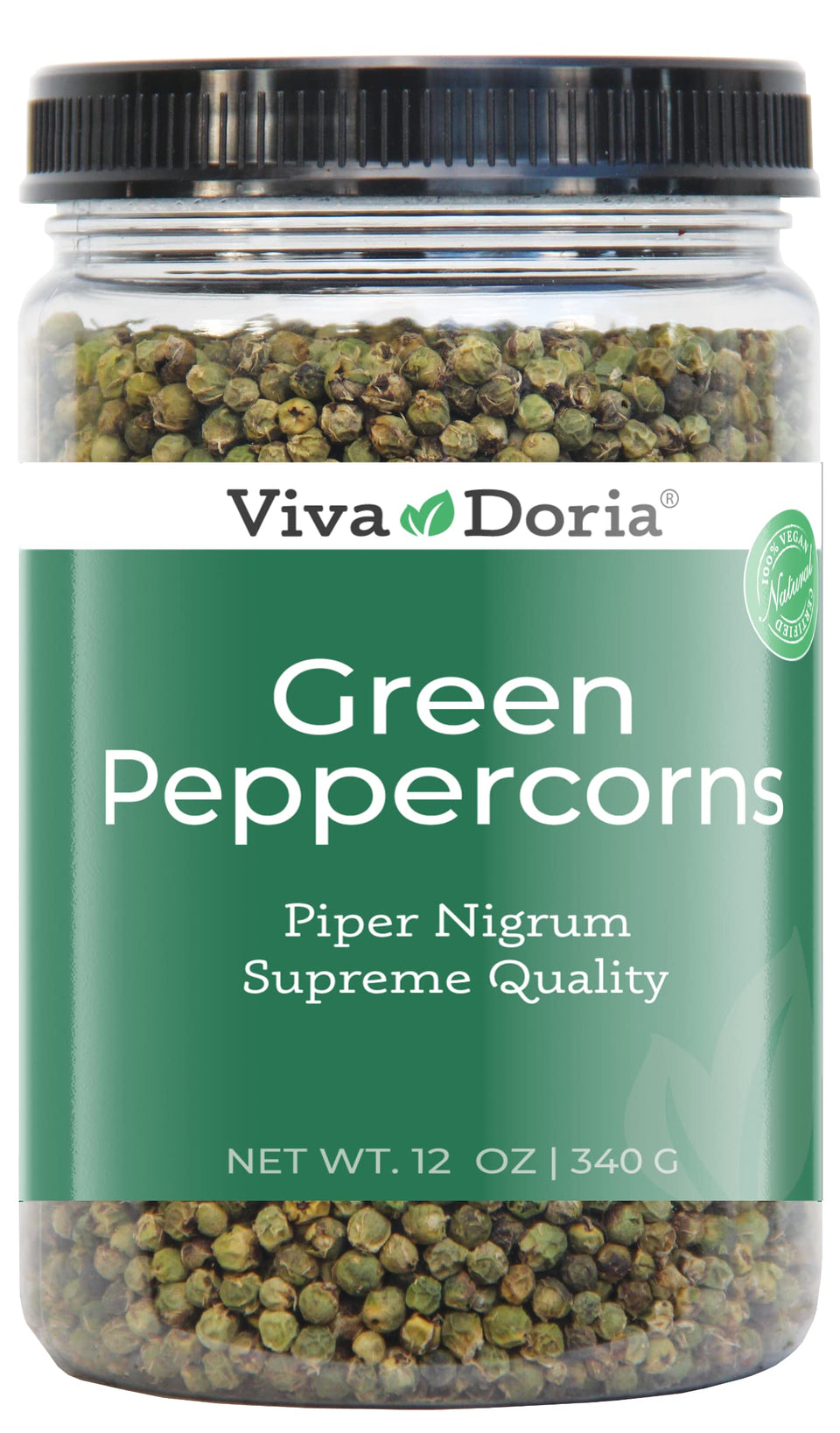 Viva Doria green peppercorns in a jar, ideal for grinding and finishing dishes.