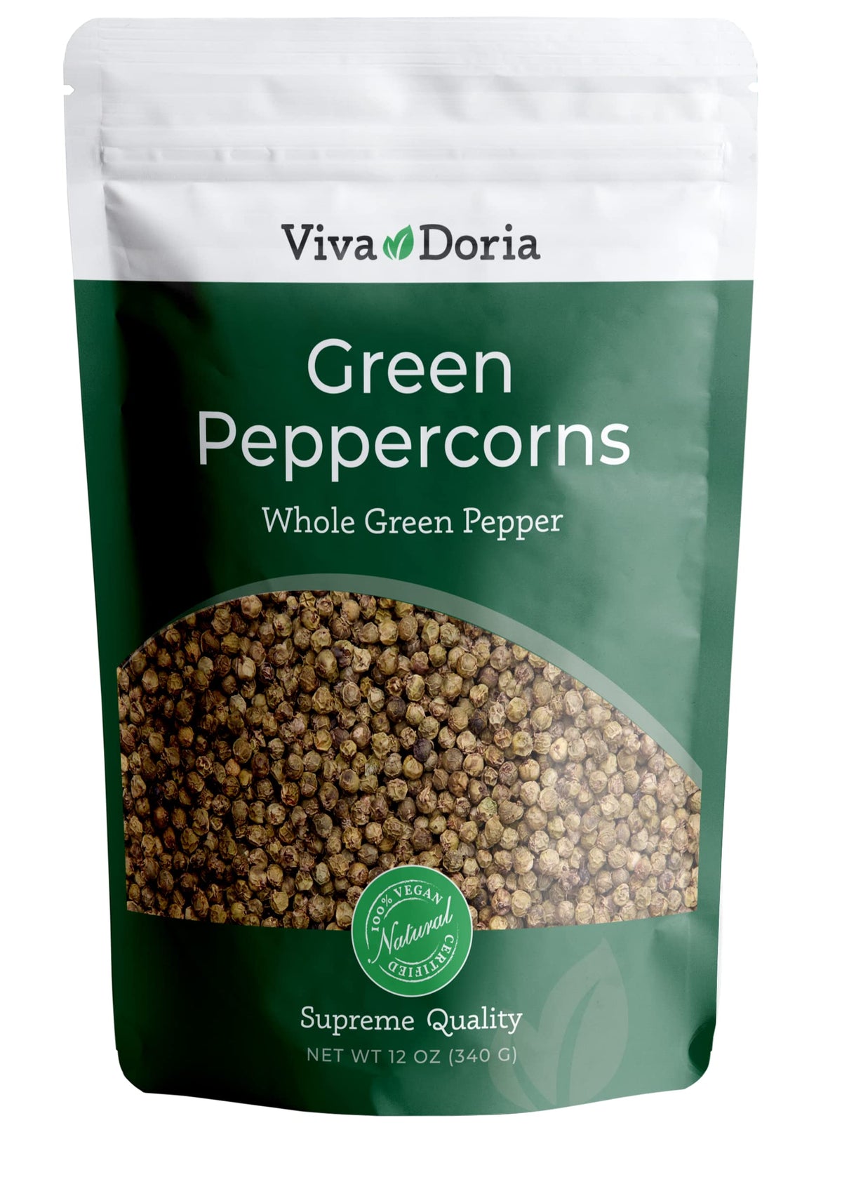 Viva Doria green peppercorns, whole and steam sterilized, ideal for grinder refills and fresh aroma.