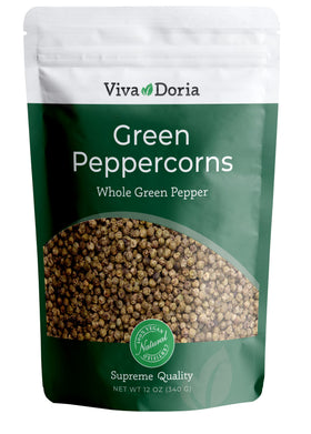 Viva Doria green peppercorns, whole and steam sterilized, ideal for grinder refills and fresh aroma.