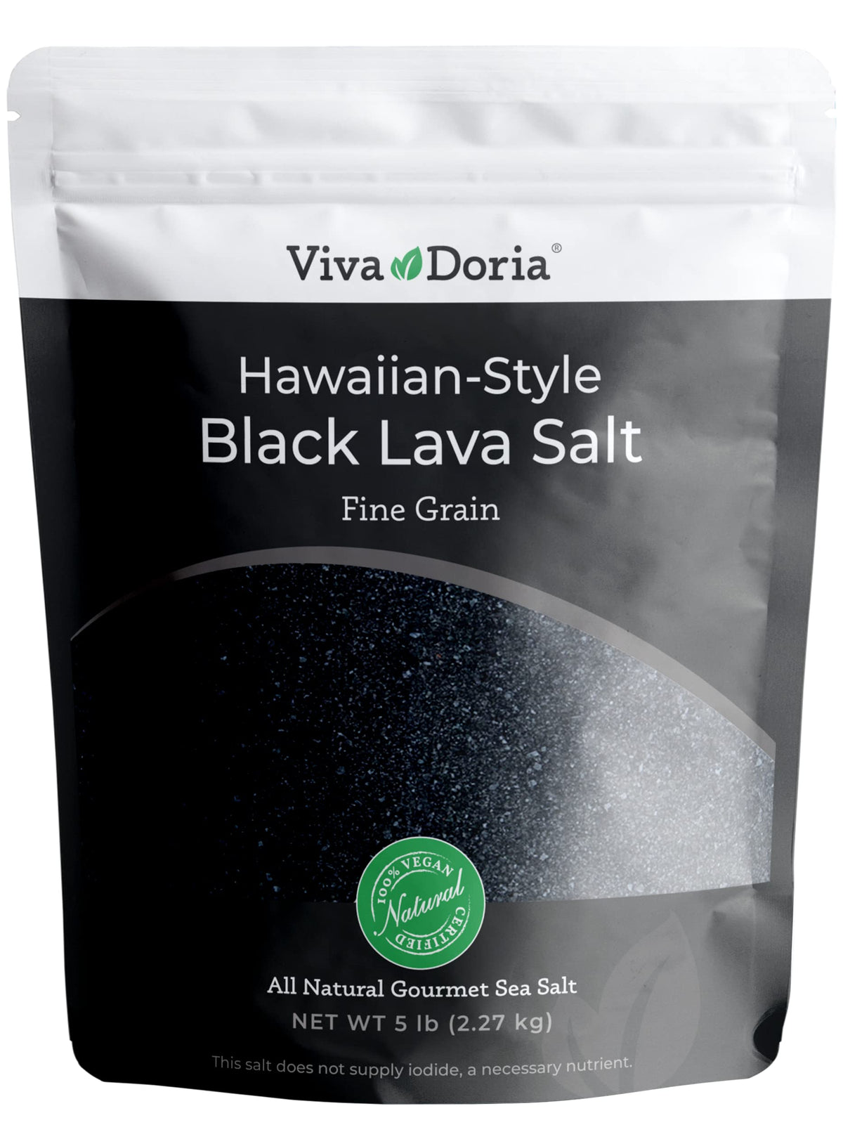 Viva Doria Hawaiian Black Lava Sea Salt crystals showcase smoky, earthy flavor ideal for grilling.