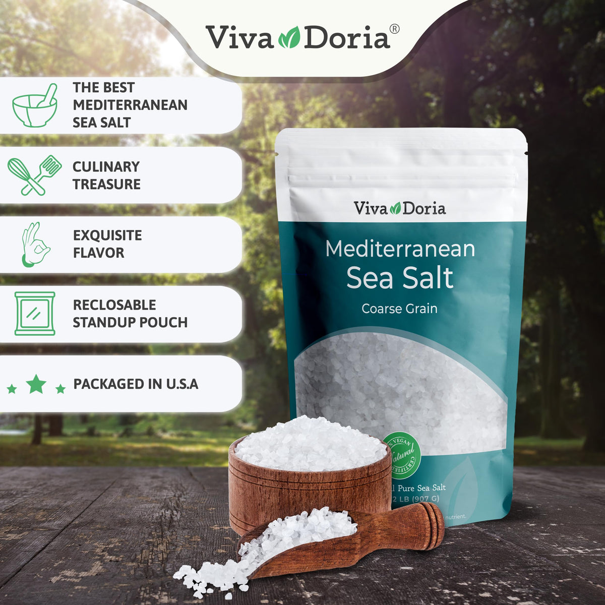 Viva Doria Mediterranean sea salt coarse grain for crisp, balanced seasoning