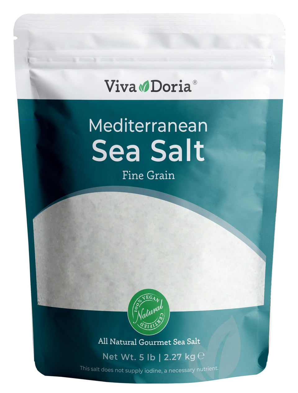 Viva Doria Mediterranean sea salt fine grain in a resealable pouch for versatile cooking