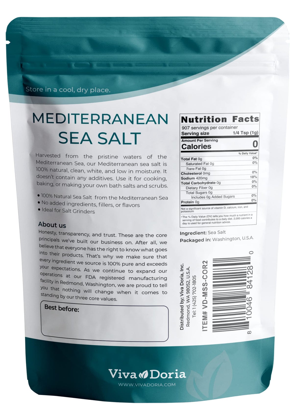 Viva Doria Mediterranean Sea Salt package close-up shows purity and texture