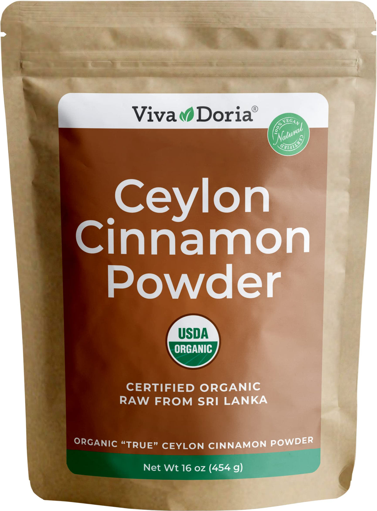 Viva Doria Organic Ceylon Cinnamon powder in resealable bag for fresh, nuanced flavor.