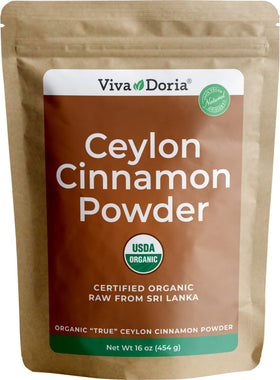 Viva Doria Organic Ceylon Cinnamon powder in resealable bag for fresh, nuanced flavor.