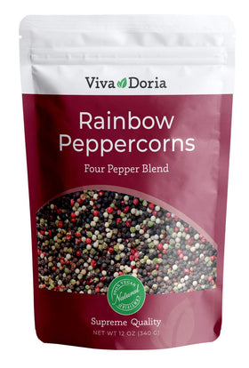 Viva Doria Rainbow Peppercorns Blend in a resealable pouch for grinder refills and fresh flavor.