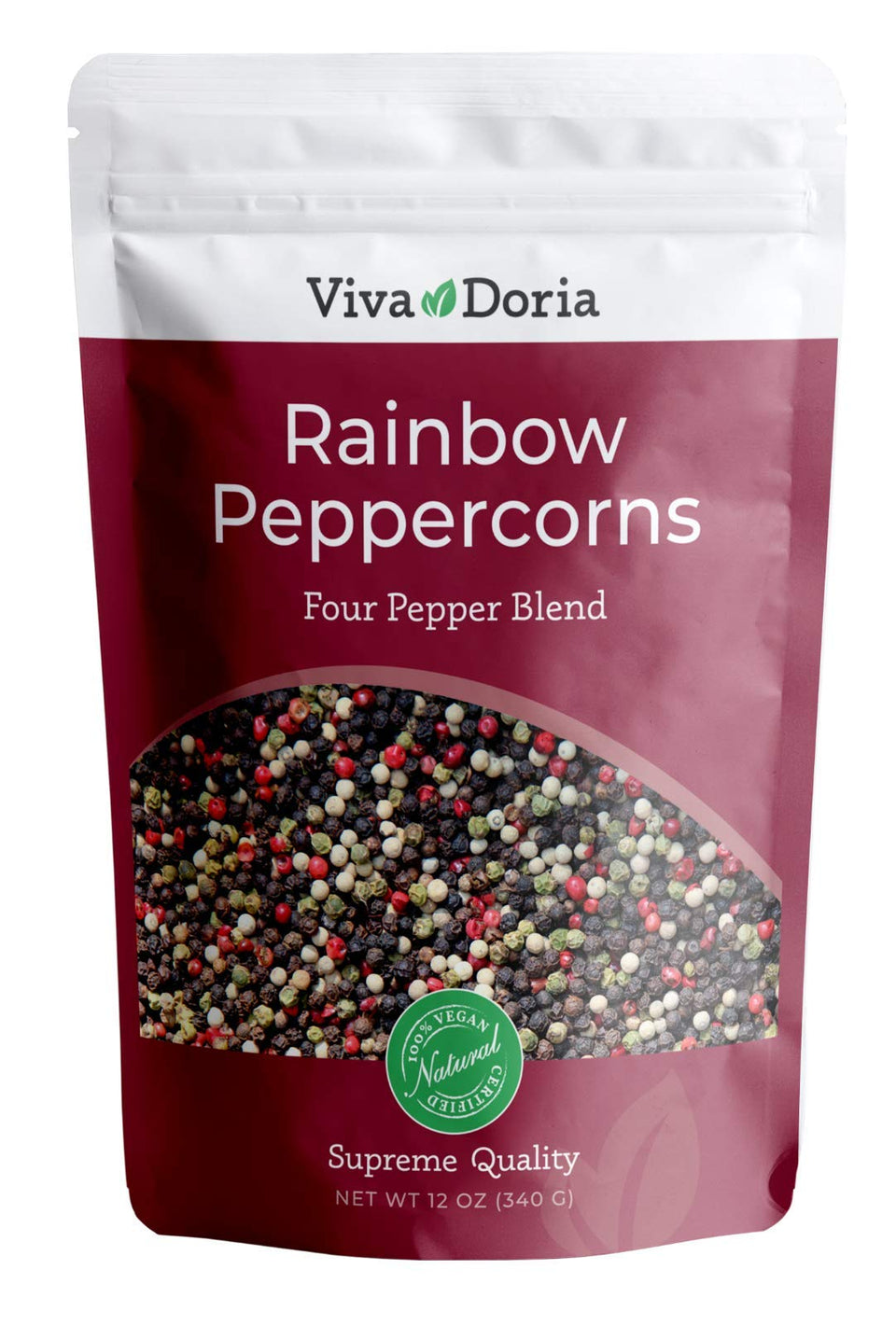 Viva Doria Rainbow Peppercorns Blend in a resealable pouch for grinder refills and fresh flavor.