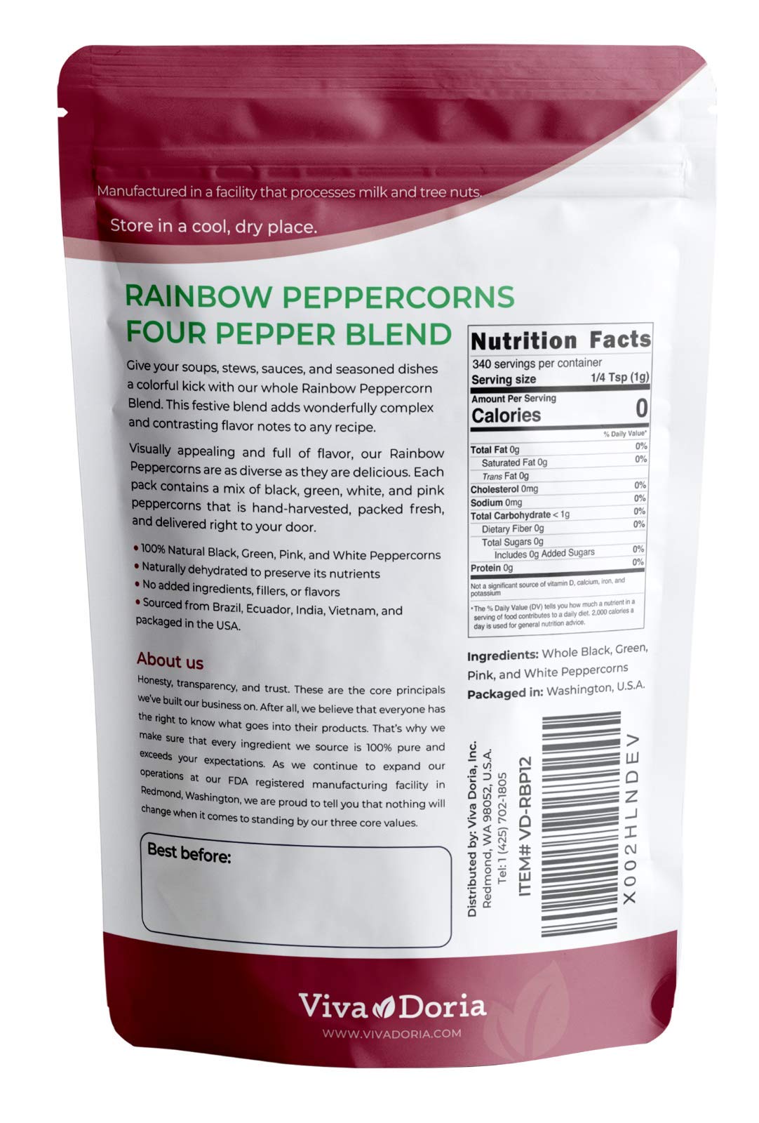 Viva Doria rainbow peppercorns blend packaging standup pouch for easy, mess-free use.