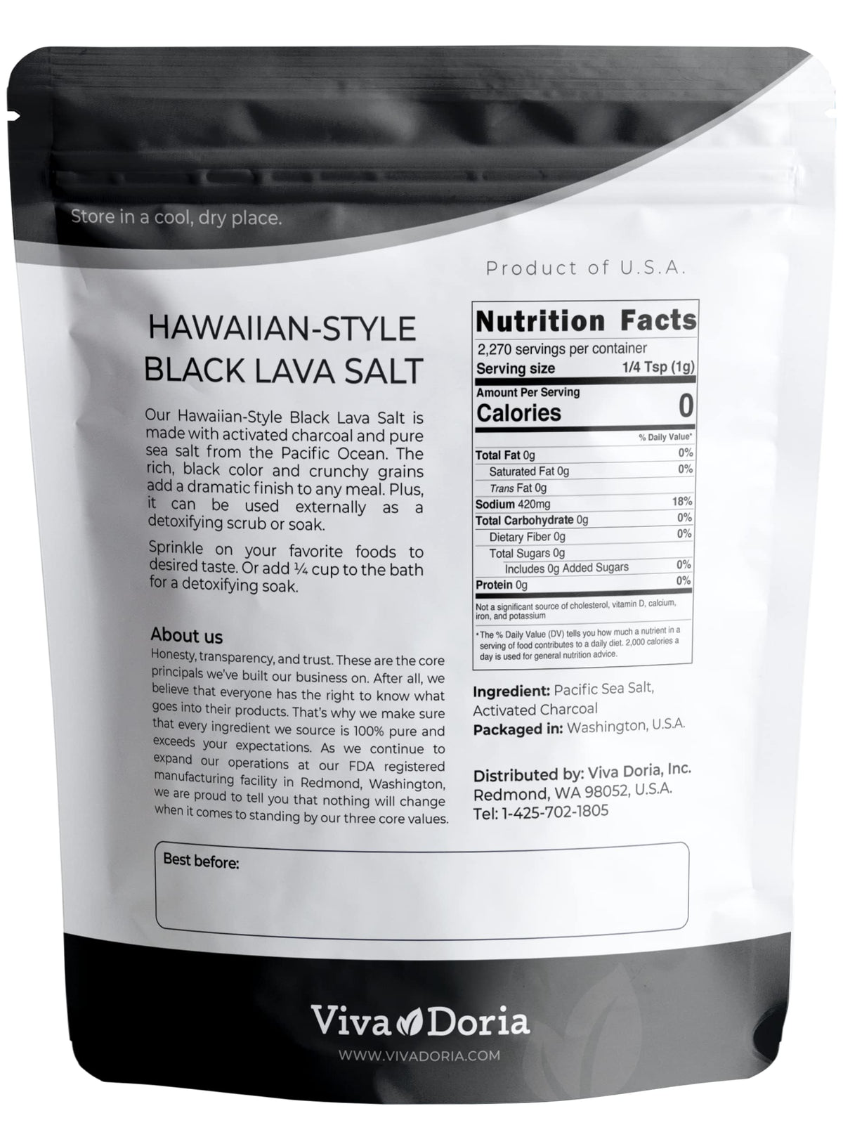 Viva Doria resealable standup pouch keeps lava salt fresh and ready for daily use.
