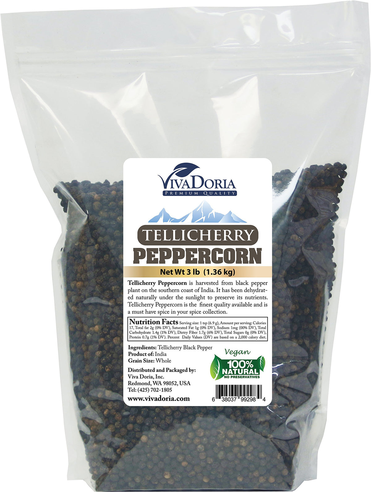 Viva Doria Tellicherry peppercorns, whole and steam sterilized, ideal for grinders and marinades.