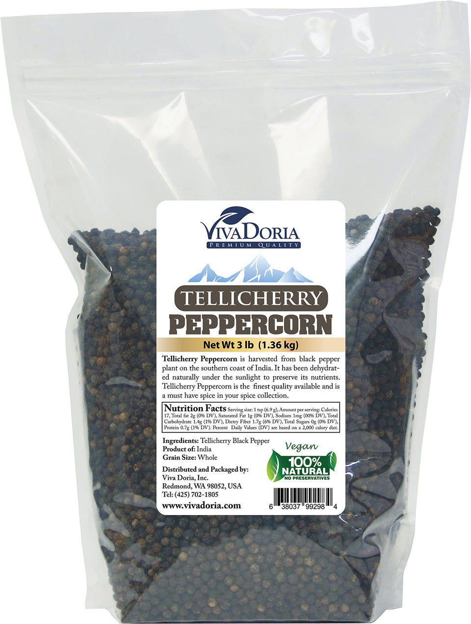 Viva Doria Tellicherry peppercorns, whole and steam sterilized, ideal for grinders and marinades.