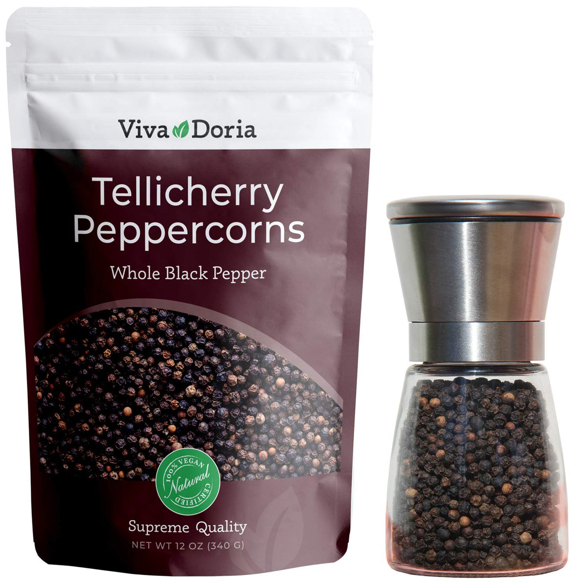 Viva Doria Tellicherry peppercorns in a resealable package, preserving aroma for fresh marinades.