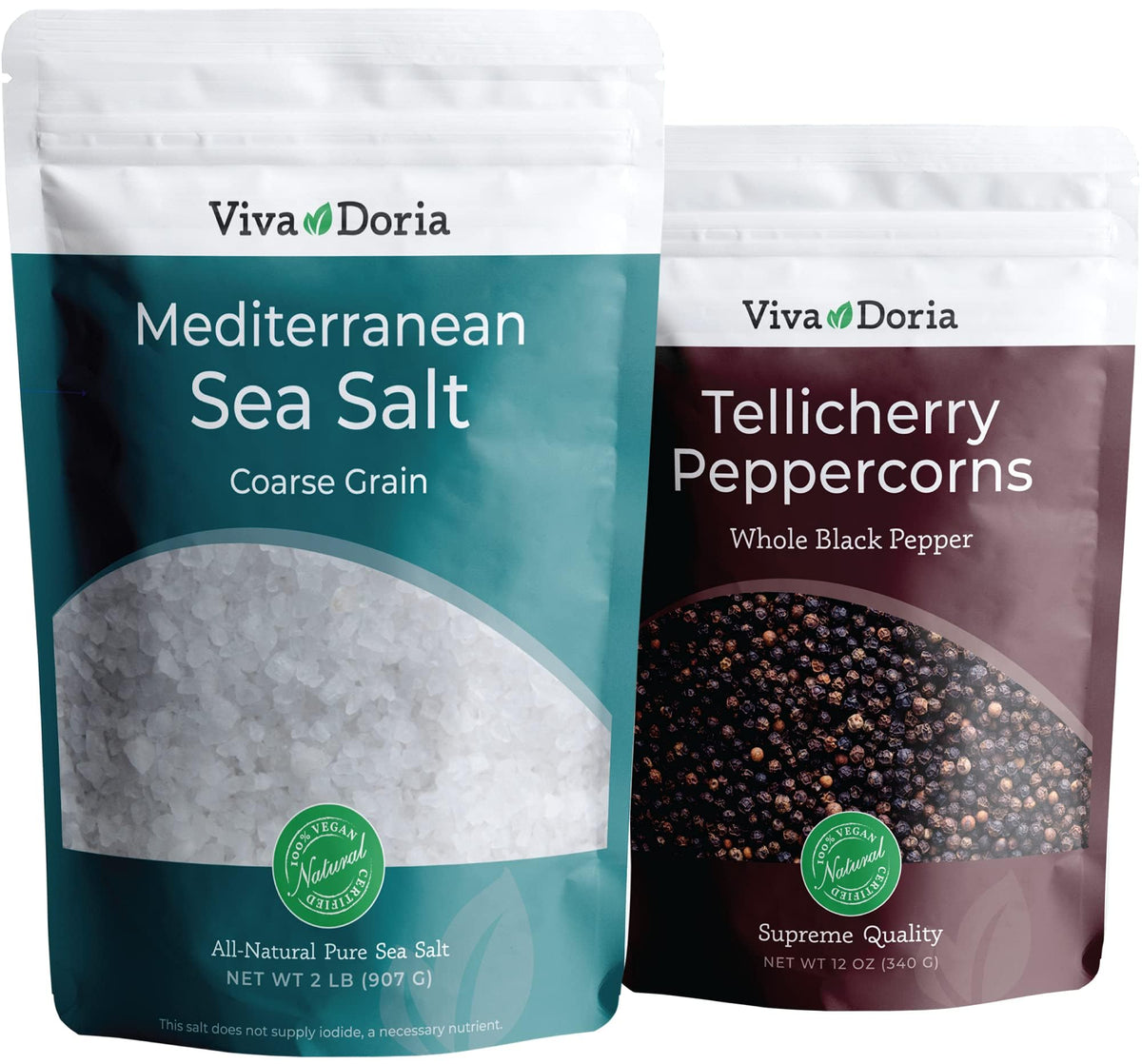 Viva Doria Tellicherry peppercorns—whole for grinder refills, bold aroma.