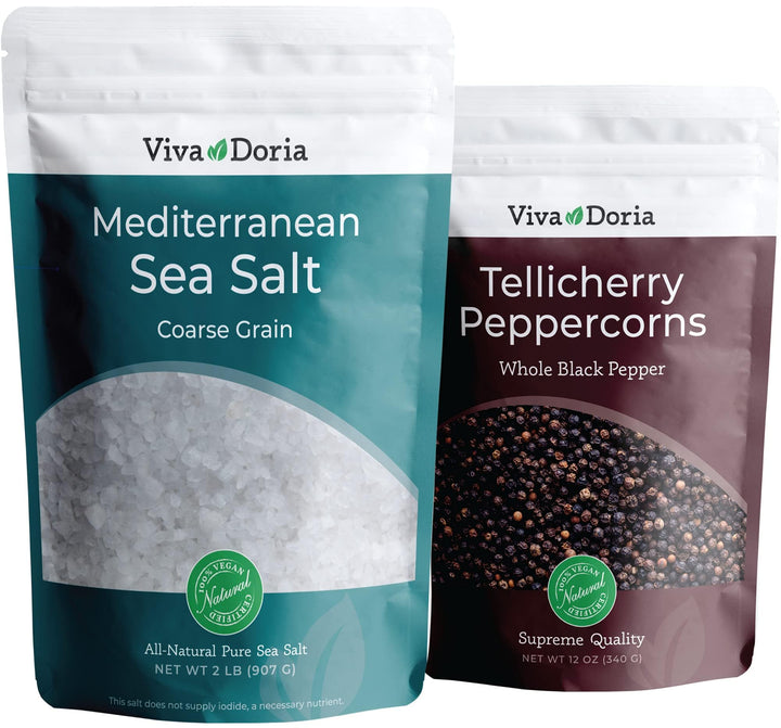 Viva Doria Tellicherry peppercorns—whole for grinder refills, bold aroma.