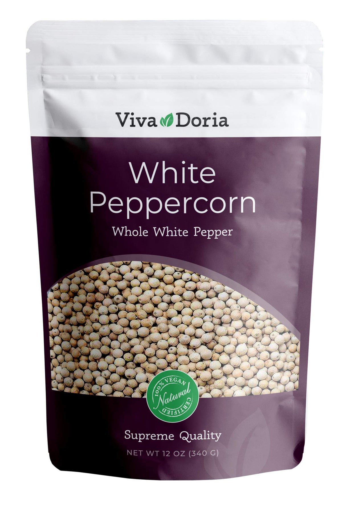 Viva Doria white peppercorn bottle showing milder, versatile seasoning for sauces