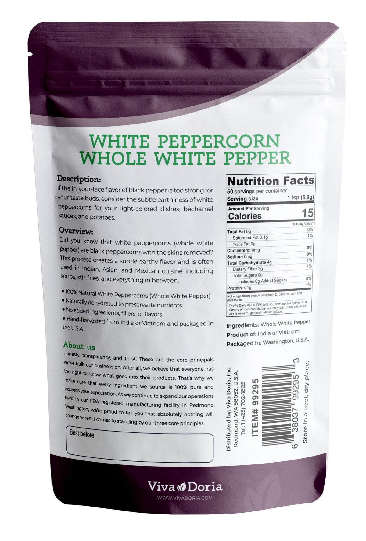 Viva Doria white peppercorn pouch, resealable for easy grinder refills and storage