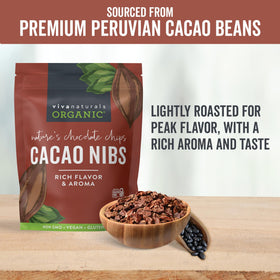 Viva Naturals cacao nibs in a bowl ready for snacking