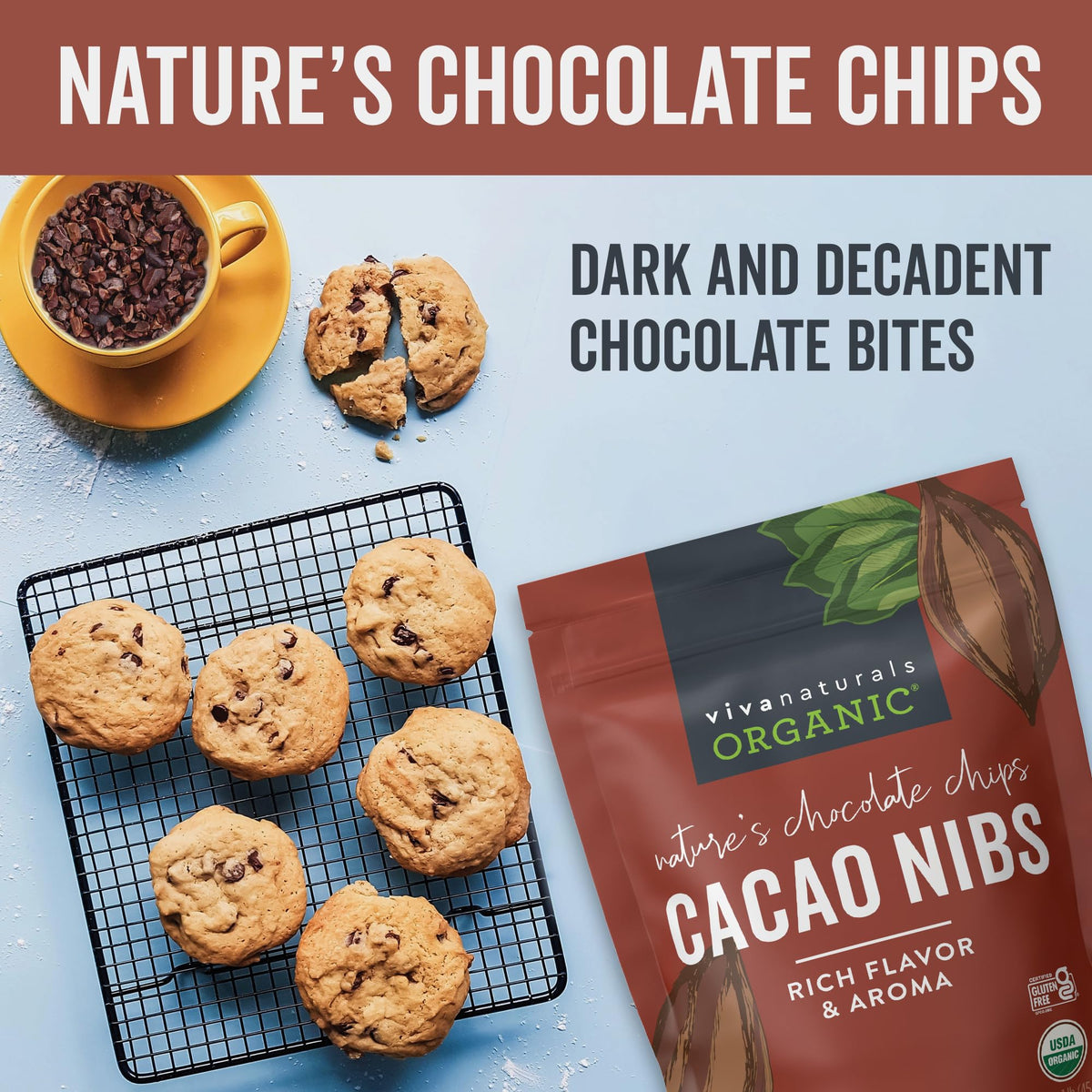 Viva Naturals cacao nibs close-up showing bite-sized chocolate pieces