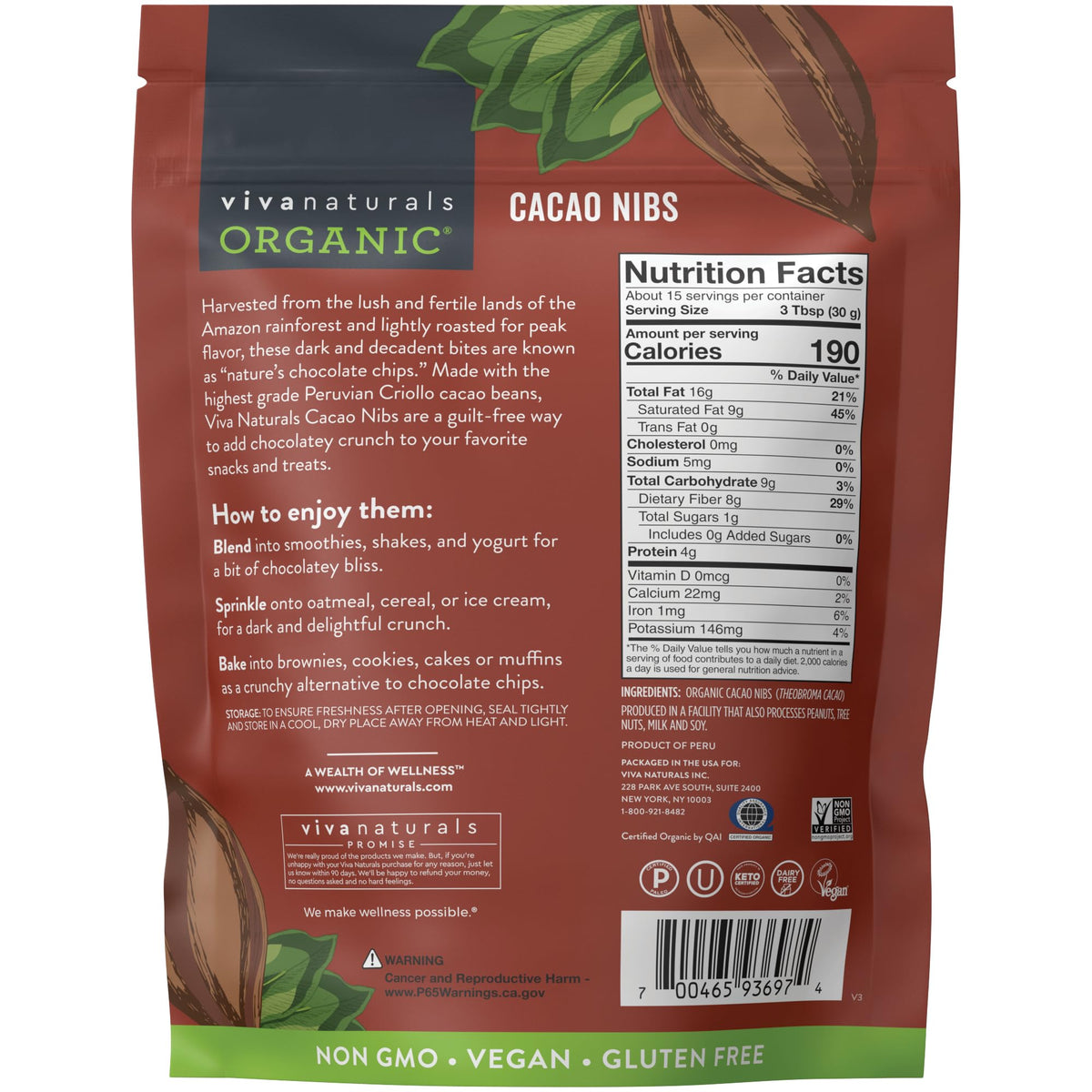 Viva Naturals cacao nibs label highlighting non-GMO and gluten-free
