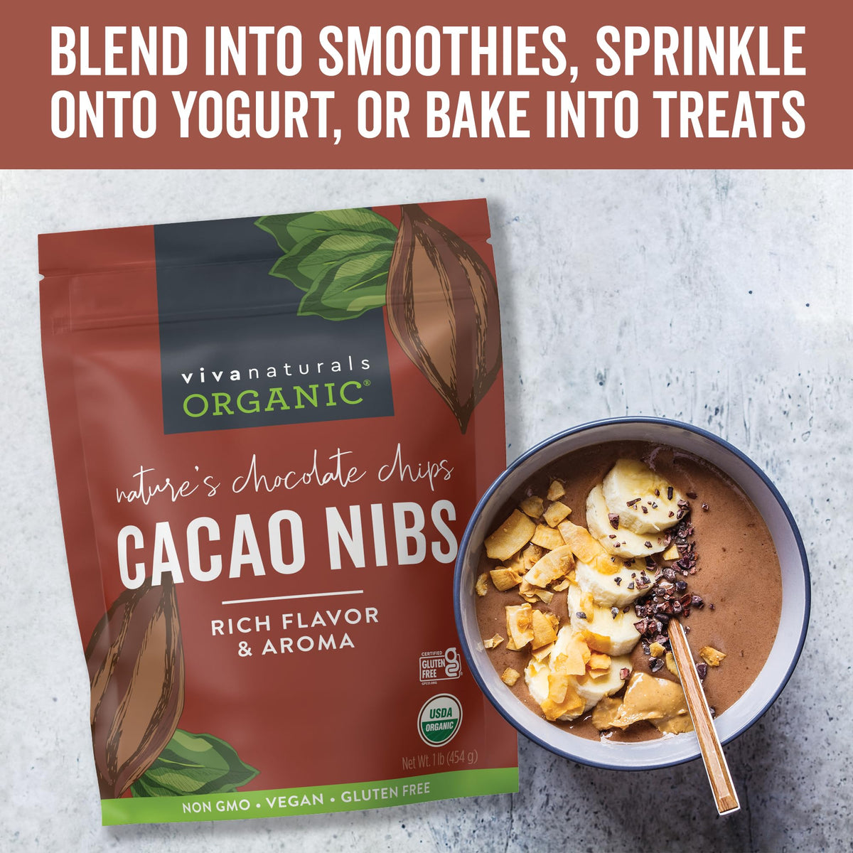 Viva Naturals cacao nibs in a smoothie for rich flavor