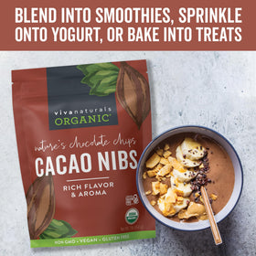 Viva Naturals cacao nibs in a smoothie for rich flavor