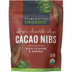 Viva Naturals cacao nibs unsweetened packaging with organic seal and keto appeal