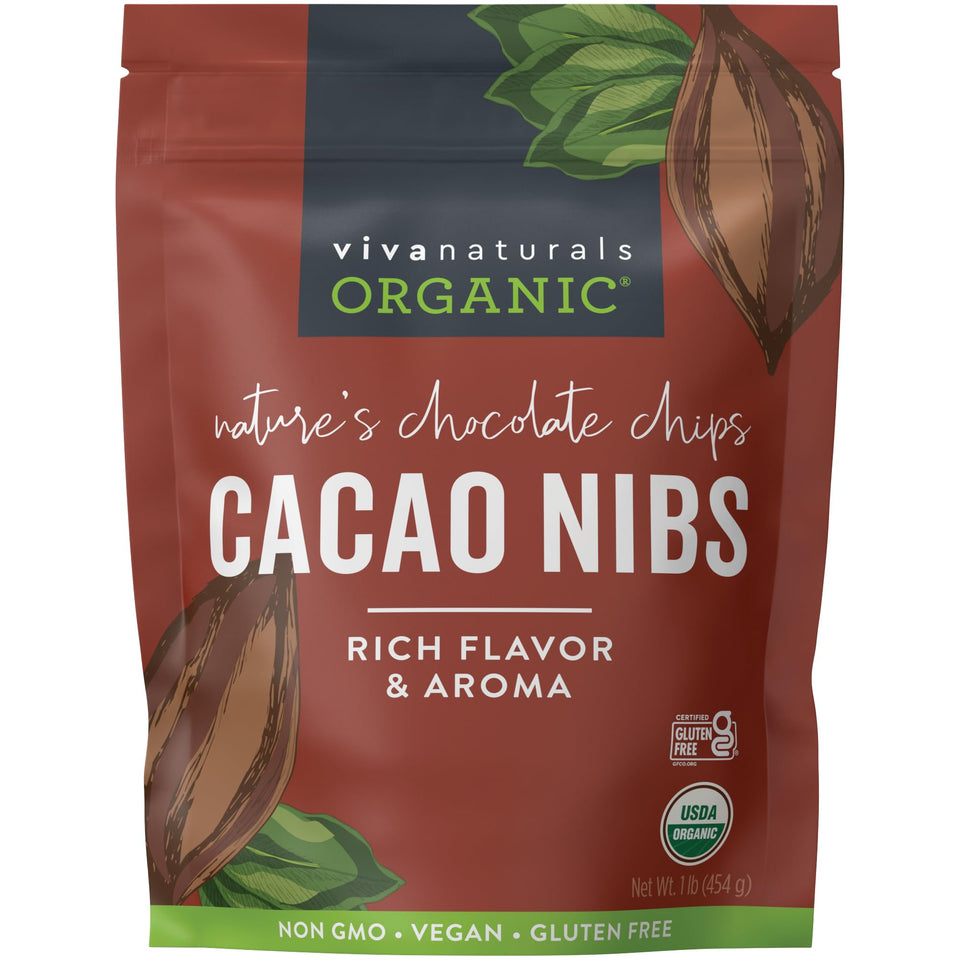 Viva Naturals cacao nibs unsweetened packaging with organic seal and keto appeal