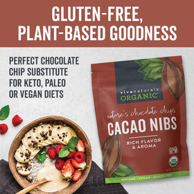 Viva Naturals cacao nibs sprinkled on yogurt for crunch