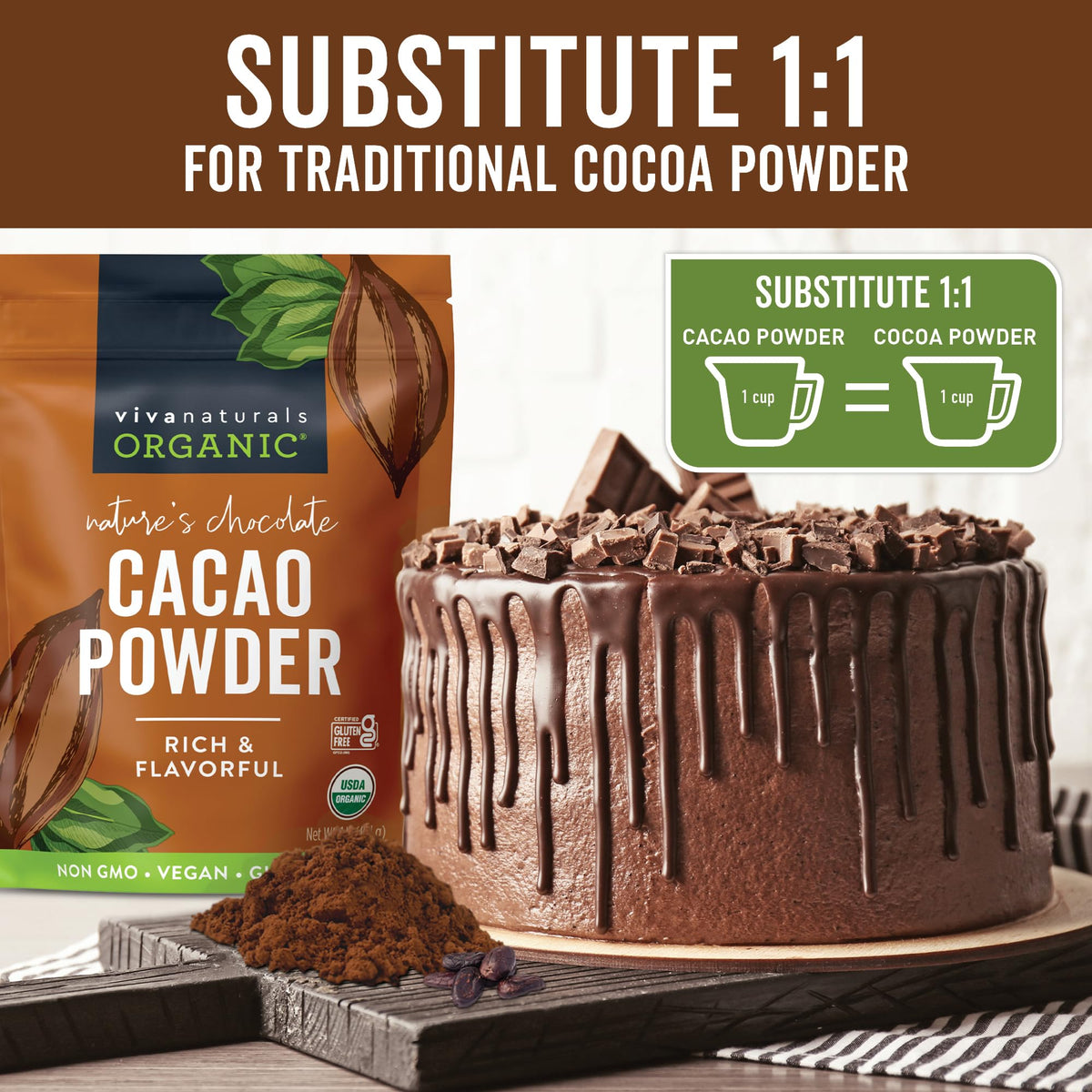 Viva Naturals cacao powder baking substitute in 1:1 ratio