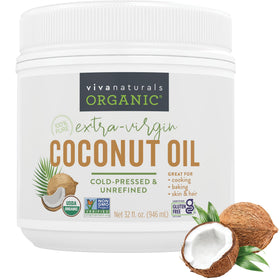 Viva Naturals coconut oil bottle front shows unrefined, cold-pressed purity for hair and cooking.