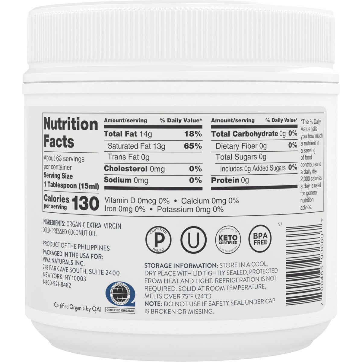 Viva Naturals certificate icons highlight organic, non-GMO, gluten-free status.