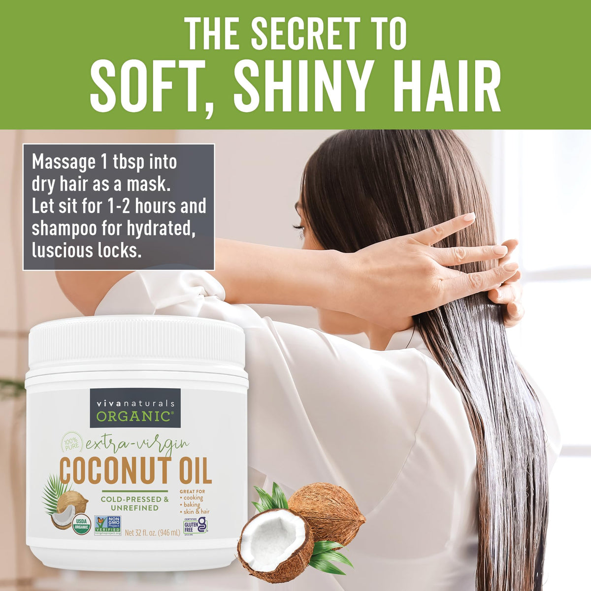 Viva Naturals coconut oil bottle used in hair care for conditioning and detangling.