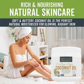 Viva Naturals coconut oil jar pour illustrating easy use for cooking and skin care.