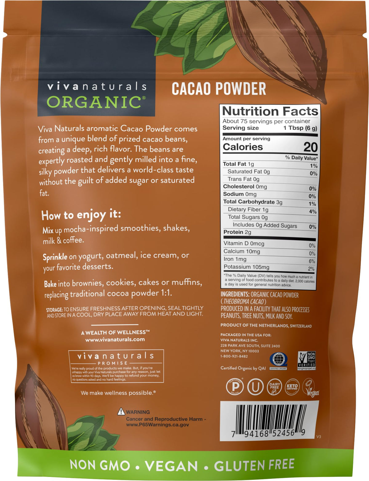 Viva Naturals organic cacao powder label USDA certified